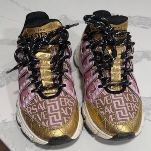 Versace Women's Gold and Pink Logo Sneakers